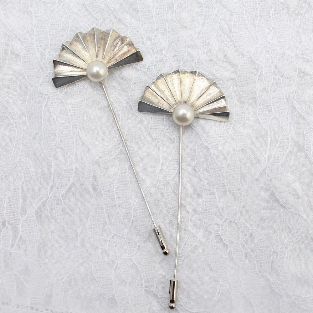 Pair of Vintage RODIER Art Deco Stick Pins, Silver Tone Fan Shape, Faux Pearl